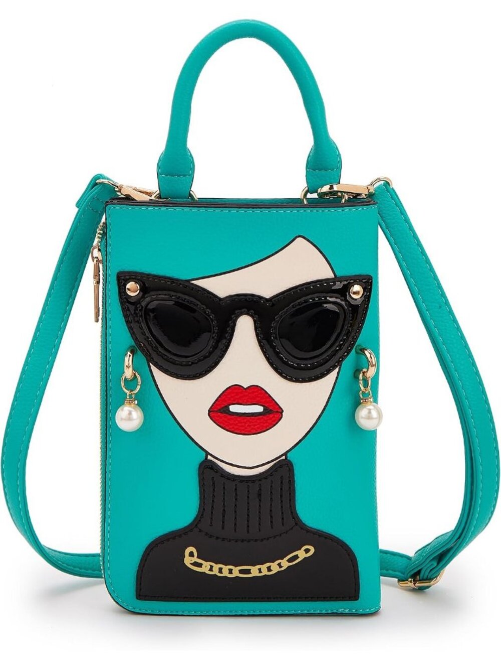 Women Turquoise Novelty Lady Face PU Leather ShoulderBag Handle Satchel Clutch